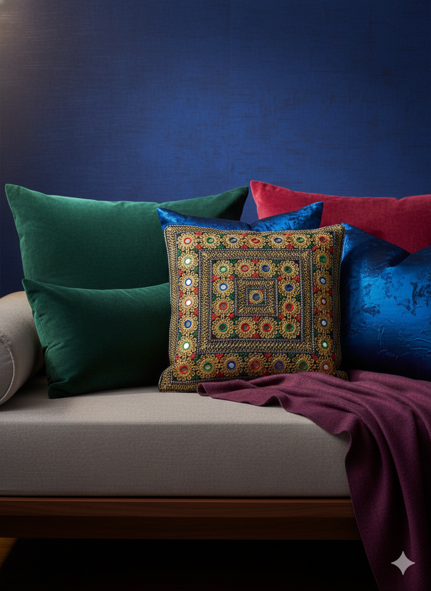 Geometric Medallion Embroidered Cushion Cover